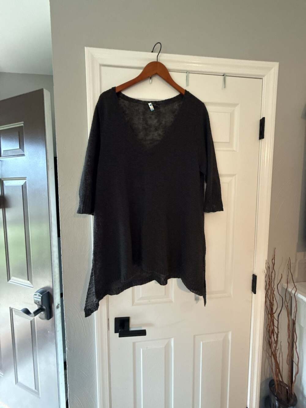 Eileen Fisher Black Linen Blend V-Neck Sheer Lightweight Pullover Sweater